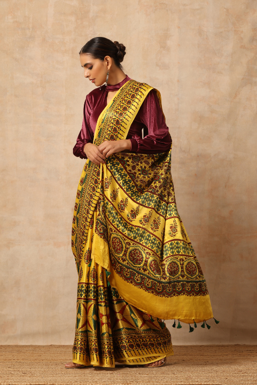 Riyaz Khatri Traditional Ajrakh Hand Block Printed And Natural Dye Modal Silk Saree With Beautiful Tassels - Yellow
