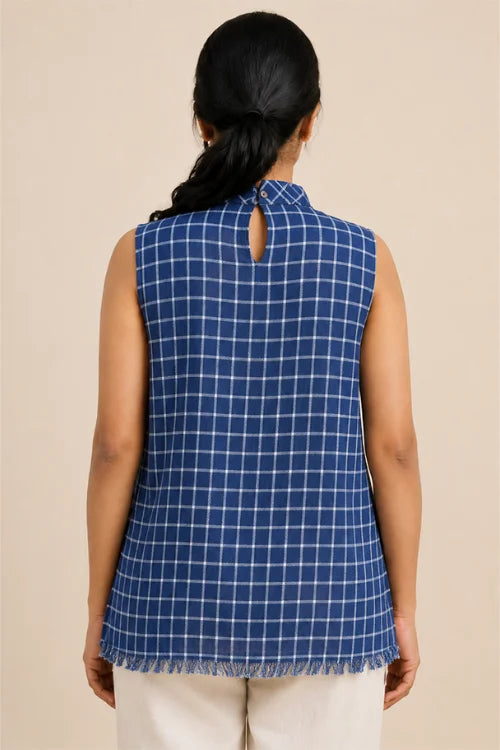 Moralfibre Highneck Side Pannel Checkered Indigo Top