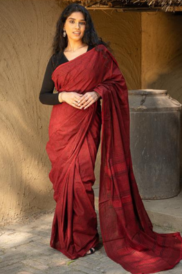 Exclusive Bagh Hand Block Printed Cotton Saree -  Red Paan