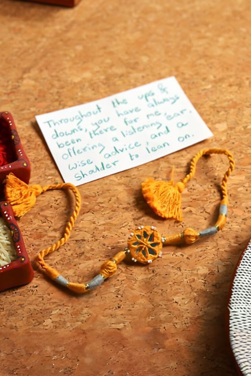 Antarang- Patwa Mirror Work, 100% Cotton, Bhai Rakhi Set. Purple- Yellow Ocher Made By Divyang Rural Women.