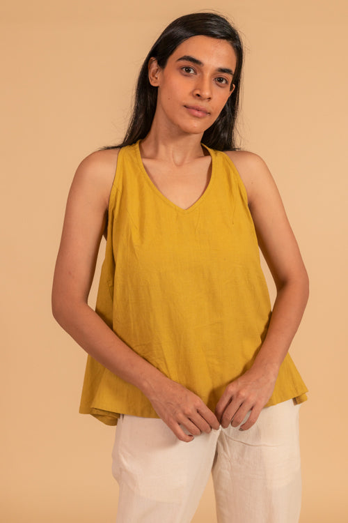Moralfibre V Neck Incut Sleeves Top With Elasticated Side Panel From "Shapes Collection " - Mustard