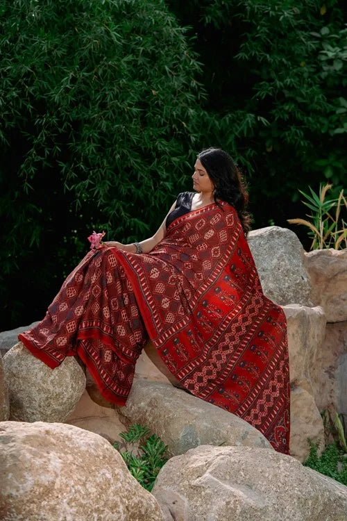 Craftroots Orange-Black Ajrakh Modal Saree With Tassels