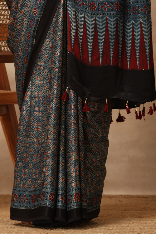 Tenaaro Ajrakh Hand Block Printed  Modal Sik Saree (Indigo Blue-13)