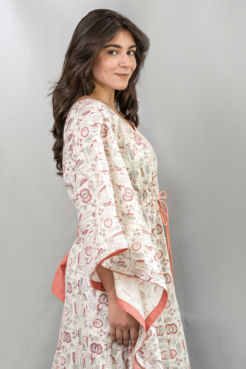 Moralfibre Natural Peach Floral Printed Kaftan Dress