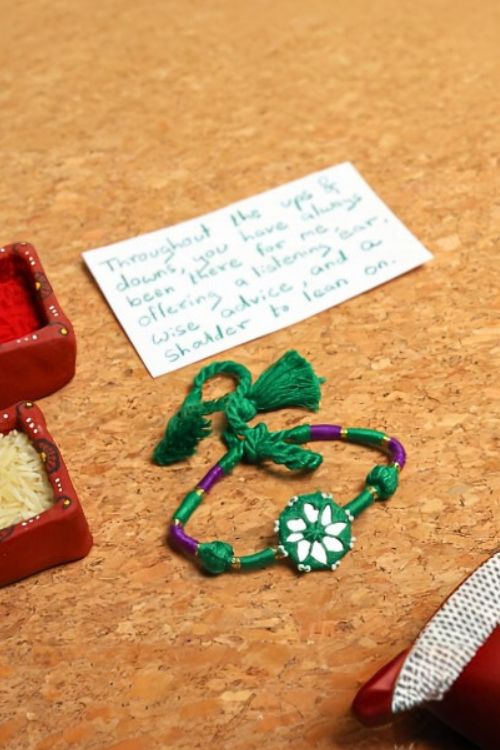 Antarang- Patwa Mirror Work, 100% Cotton, Bhai Rakhi Set. Marron-Green. Made By Divyang Rural Women.