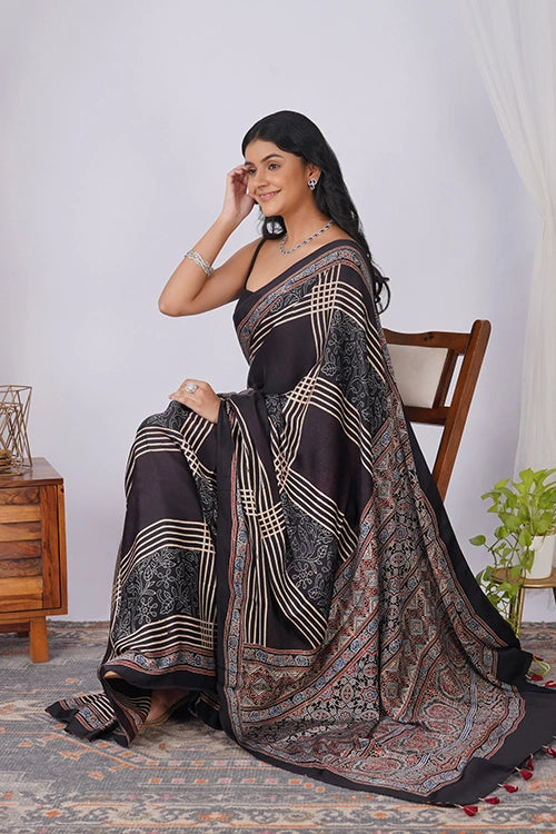 TENAARO  Checkmate Black Ajrakh Hand Block Printed Modal Silk Saree