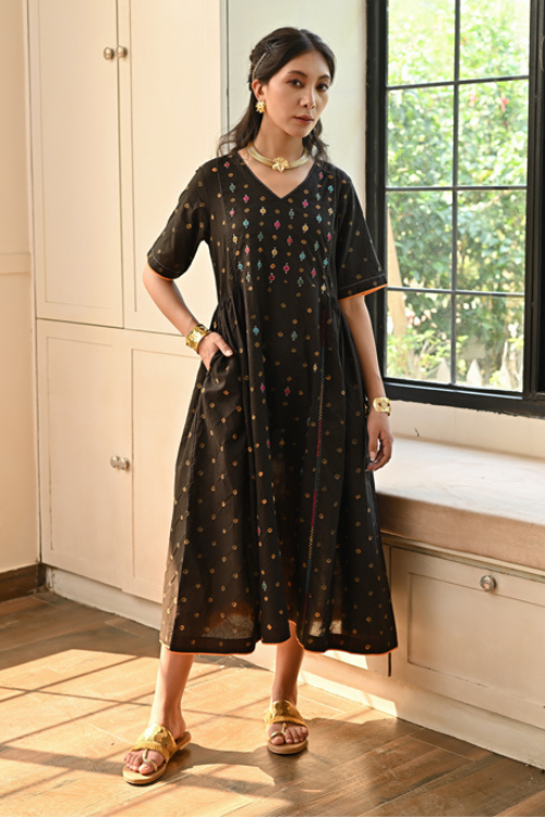 Kaanch V-Neck Bandhej And Embroidered Black Dress