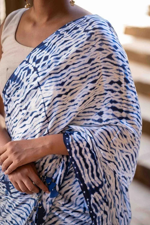 Craftroots Blue Shibori Modal Saree With Handmade Tassels