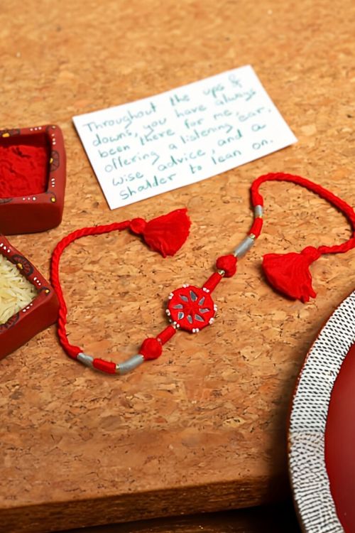Antarang- Patwa Mirror Work, 100% Cotton, Bhai Rakhi Set. Blue- Red Made By Divyang Rural Women.