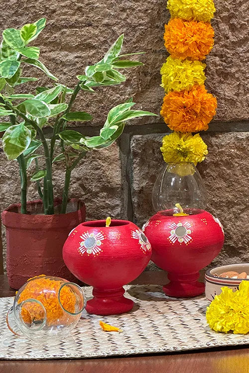 Antarang- Traditional Oil Lamps- Akhand Diyas- Red(Set Of 2)
