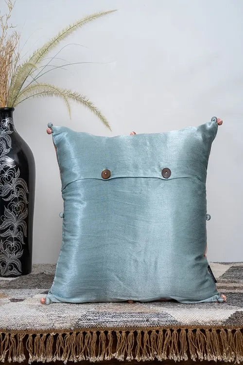 Craftroots Peach Floral Aari Hand-Embroidered Cushion Cover