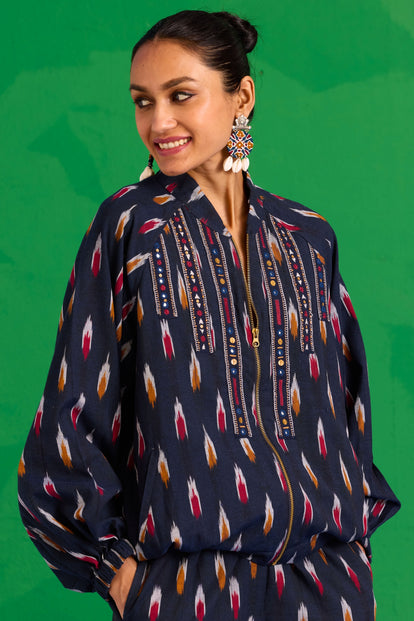 Okhai “Kalinga” Hand-Embroidered Tikki and Mirror work Ikkat Pure Cotton Bomber Jacket