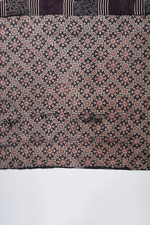 TENAARO  Checkmate Black Ajrakh Hand Block Printed Modal Silk Saree