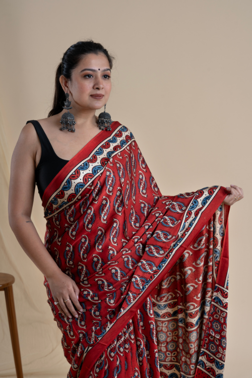 Jahangir Khatri Block Print Orange & Red Ajrakh Modal Saree Online