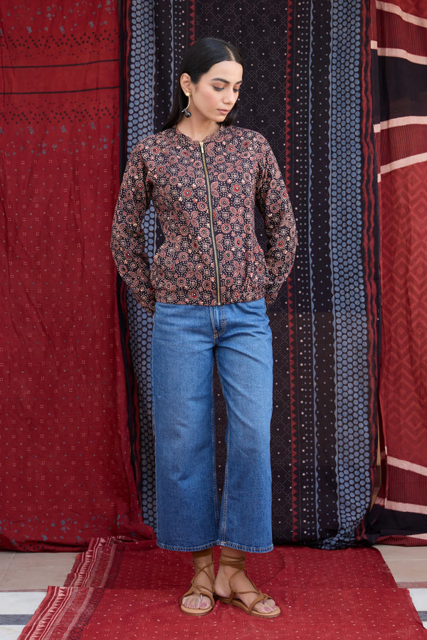 Okhai 'Raisin' Pure Cotton Ajrakh Handblock Printed Bomber Jacket