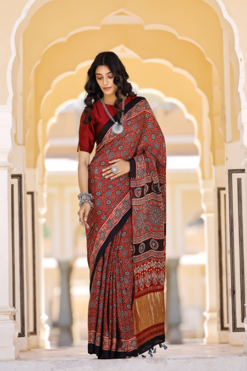 Tenaaro Ajrakh Hand Block Printed Modal Tissue Pallu Saree (Red-1)