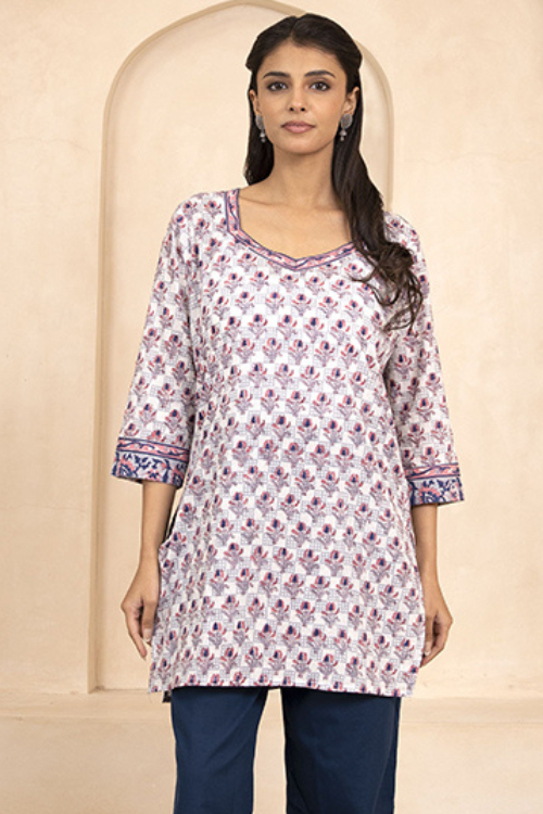 Shuddhi Indigo and Pink Handblock Printed Short Kurti