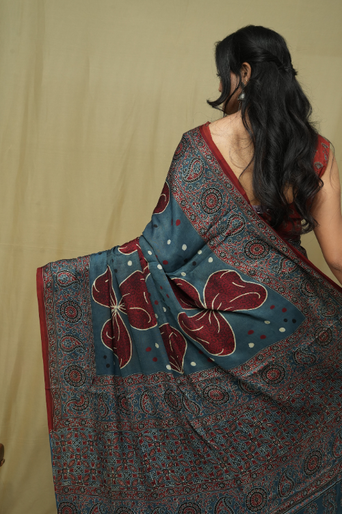 Ajrakh Print Modal Tissue Pallu Red Saree | Jabbar Khatri