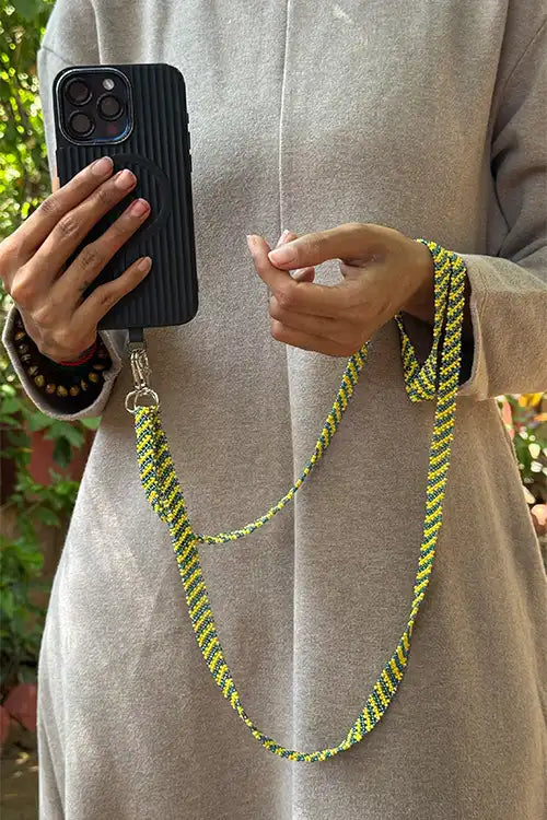 Antarang- Yellow-Blue- Multi Use Handcrafted Beaded Mobile String With Attachment- Phone, Clutch & Sling Strap