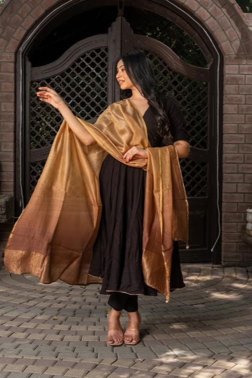 Craftroots Cream-Brown Tie-Dye Chanderi Silk Dupatta