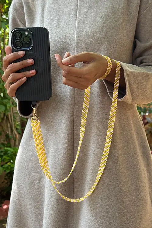 Antarang- Pink-Yellow- Multi Use Handcrafted Beaded Mobile String With Attachment- Phone, Clutch & Sling Strap