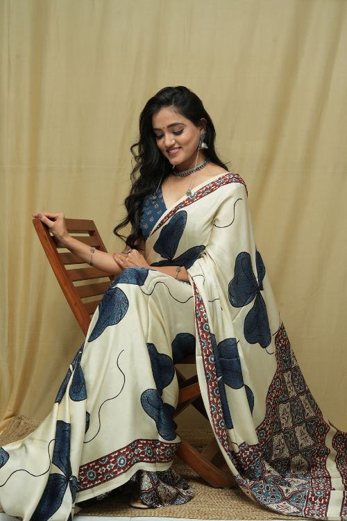 White Modal Ajrakh Print Saree | Jabbar Khatri