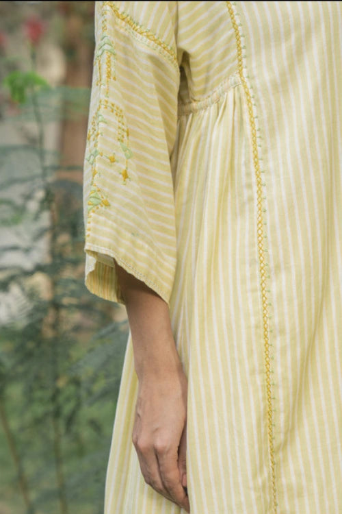 Rangsutra Suhani Cream Striped Cotton Kurta Cum Dress With Soof Hand Embroidery