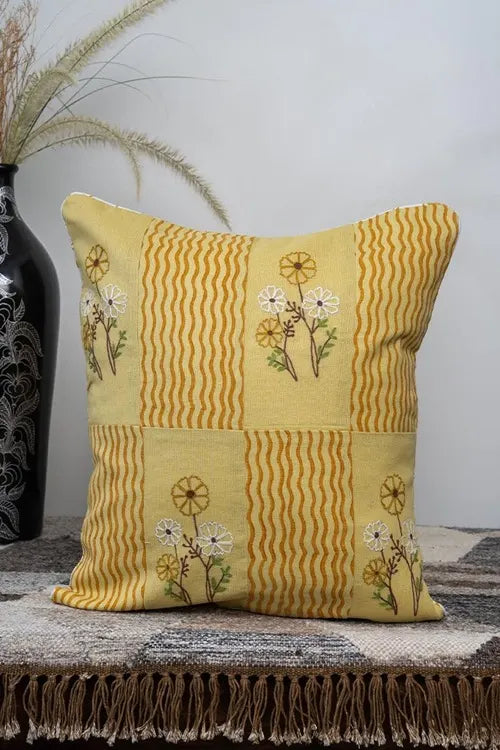Craftroots Pastel Yellow Aari Floral Embroidered Artisan Cushion Cover Set Of 2