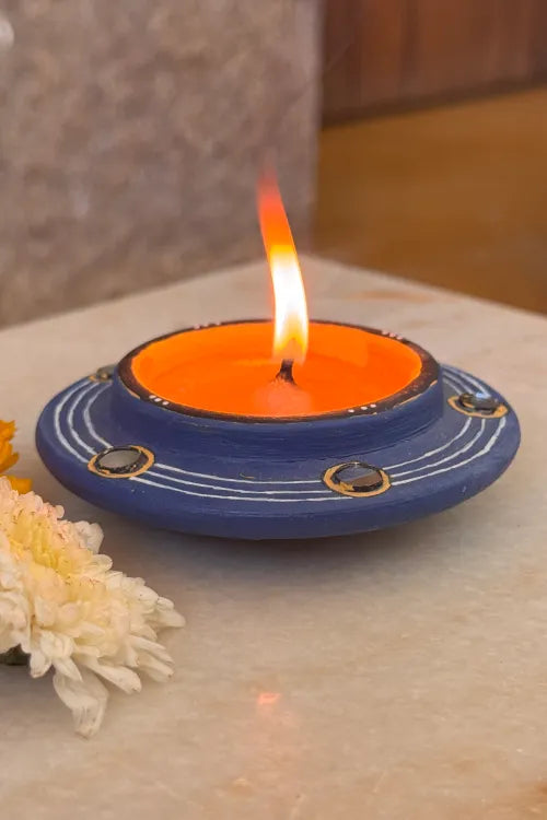 Antarang: Terracotta- Handpainted - Blue Rhythm Disc Diya With Mirror Set Of 8