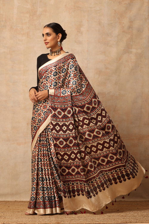 Tenaaro Ajrakh Hand Block Printed  Modal Sik Saree (Offwhite-16)