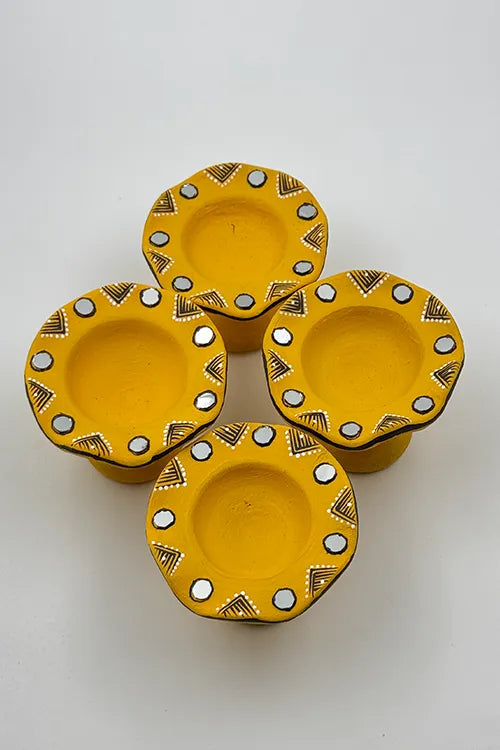 Antarang: Terracotta- Handpainted - Yellow Flower Diya Set Of 6