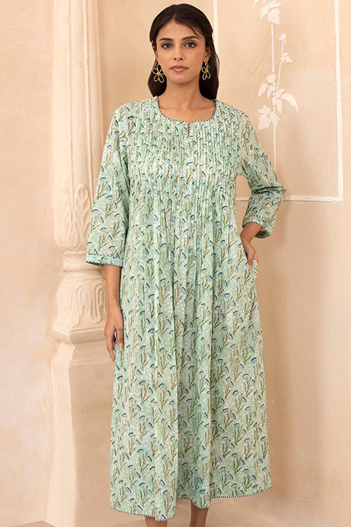 Shuddhi Mint Green Handblock Pleated Dress
