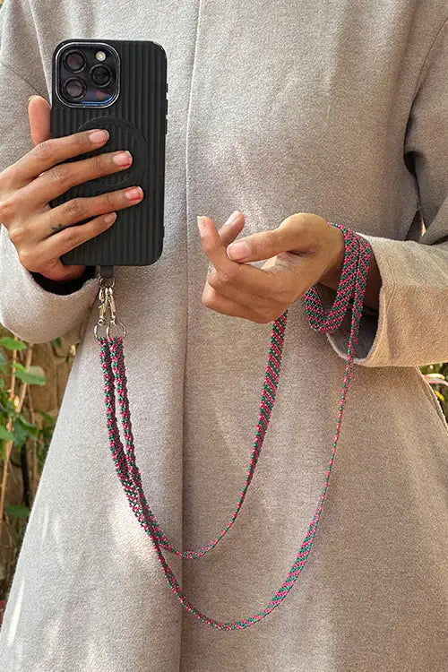 Antarang- Pink-Green- Multi Use Handcrafted Beaded Mobile String With Attachment- Phone, Clutch & Sling Strap
