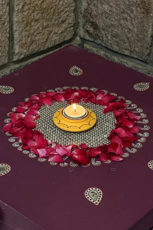 Antarang: Terracotta- Handpainted - Set Of Yellow Disc Diyas & Long Diya