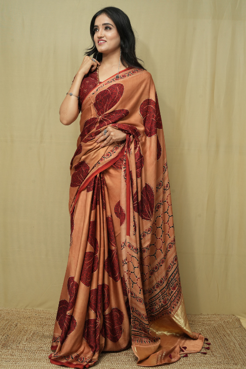 Modal Orange Tissue Pallu Saree | Jabbar Khatri