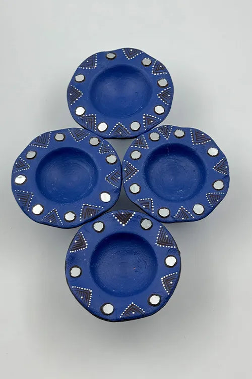 Antarang: Terracotta- Handpainted - Blue Flower Diya Set Of 6
