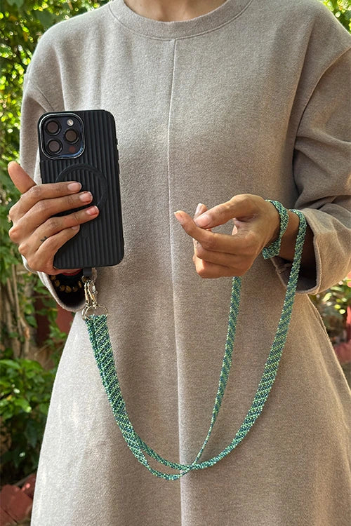 Antarang- Green-Blue- Multi Use Handcrafted Beaded Mobile String With Attachment- Phone, Clutch & Sling Strap