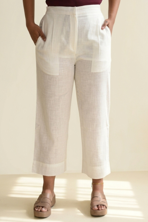 Rangsutra White Cotton Pant With Kantha Hand Embroidery