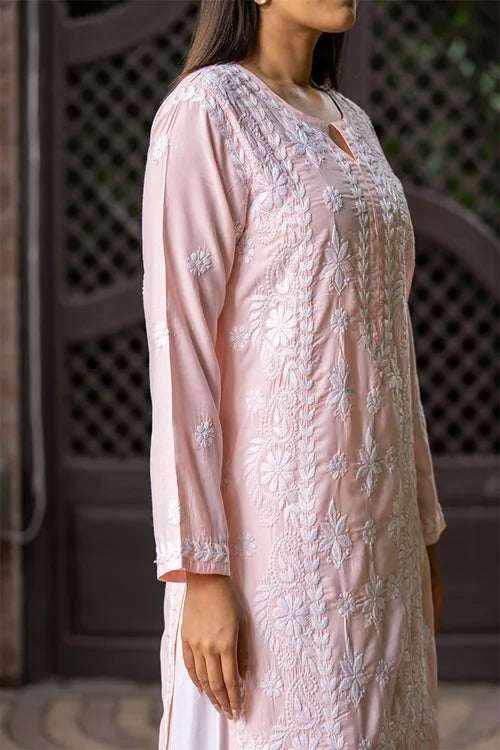 Craftroots Light Pink Chikankari Long Kurta