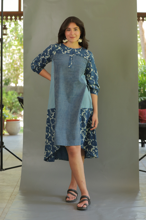 Moralfibre Natural Indigo Multi Print Dress With 3/4Th Sleeves