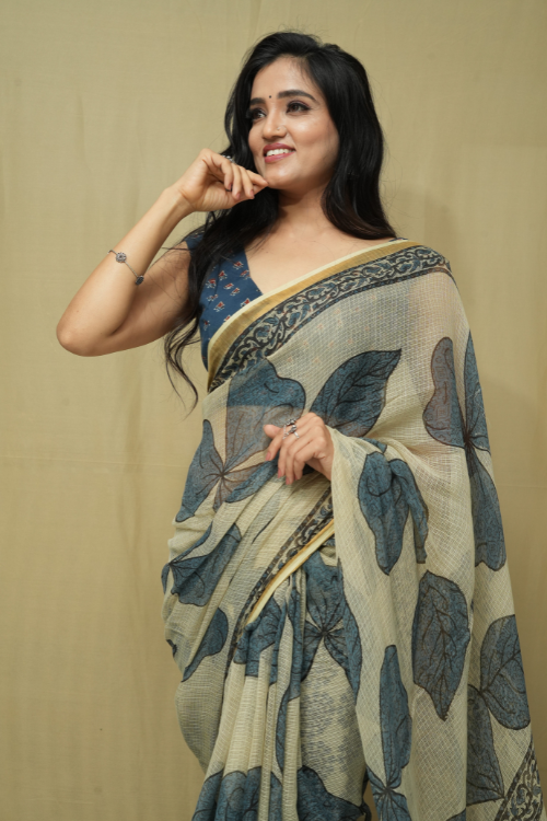Ajrakh Print White And Blue Kota Saree | Jabbar Khatri