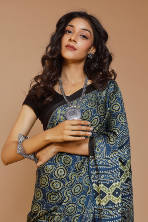 Tenaaro Ajrakh Hand Block Printed Modal Saree (Nevyblue-2)