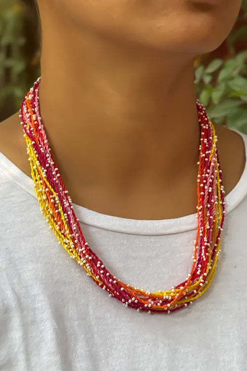 Antarang- Sakhi Genda Phool Neckpiece- [Yellow,Pink,Orange]- Threads & Beads