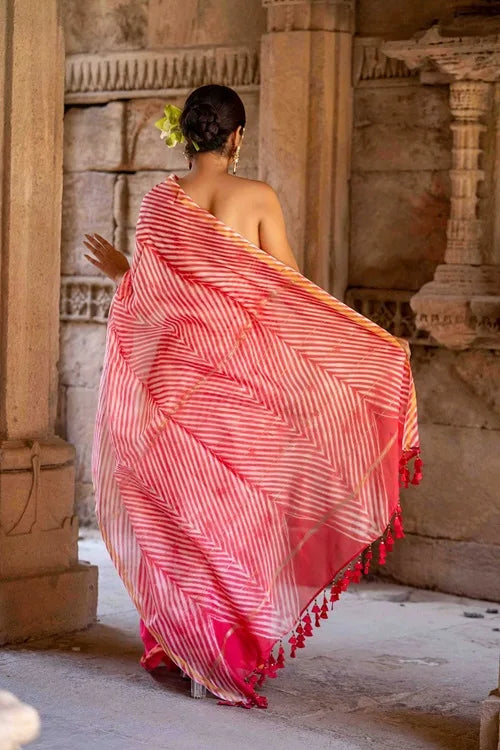 Craftroots Laheriya Chanderi Pink Saree