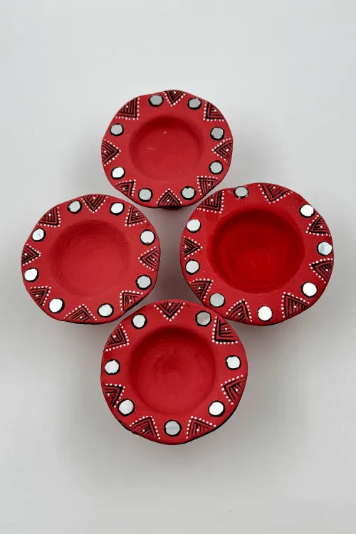 Antarang: Terracotta- Handpainted - Red Flower Diya Set Of 6