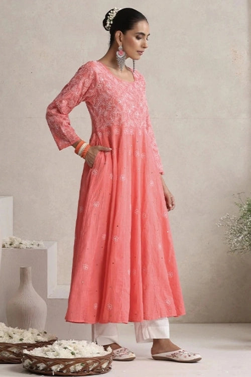 Shwet Hand Embroidered Chikankari Cotton Mukaish Embellished Salmon Pink Kali Kurta