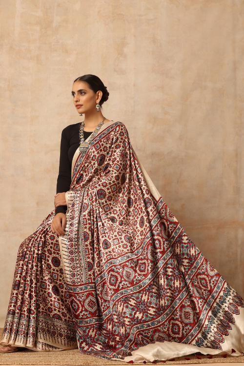 Tenaaro Ajrakh Hand Block Printed  Modal Sik Saree  (Offwhite-18)