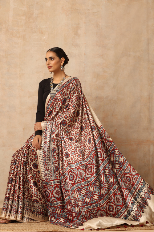Tenaaro Ajrakh Hand Block Printed Modal Sik Saree  (Offwhite-18)