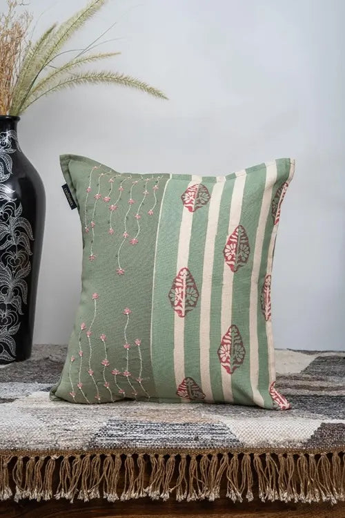 Craftroots Peach & Mint Green Hand-Embroidered Daisy Cushion Cover Set Of 2