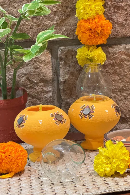 Antarang- Traditional Oil Lamps- Akhand Diyas- Yellow(Set Of 2)